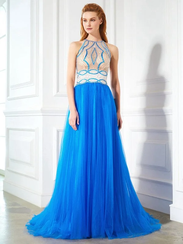 A-Line/Princess Jewel Beading Sleeveless Floor-Length Net Dresses Comfortable unclassified dresses