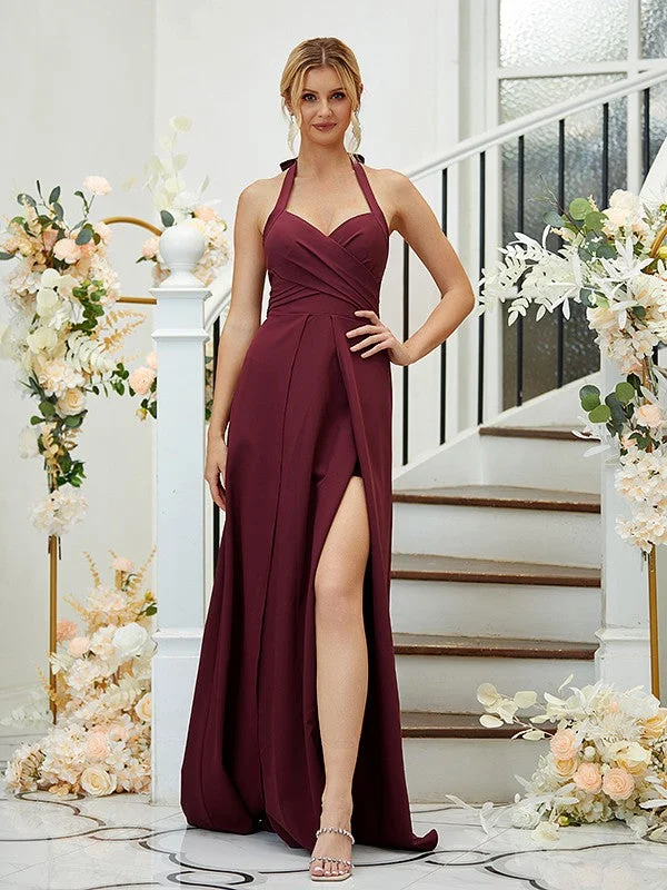 A-Line/Princess Stretch Crepe Ruched Halter Sleeveless Floor-Length Bridesmaid Dresses Bright color unclassified dresses