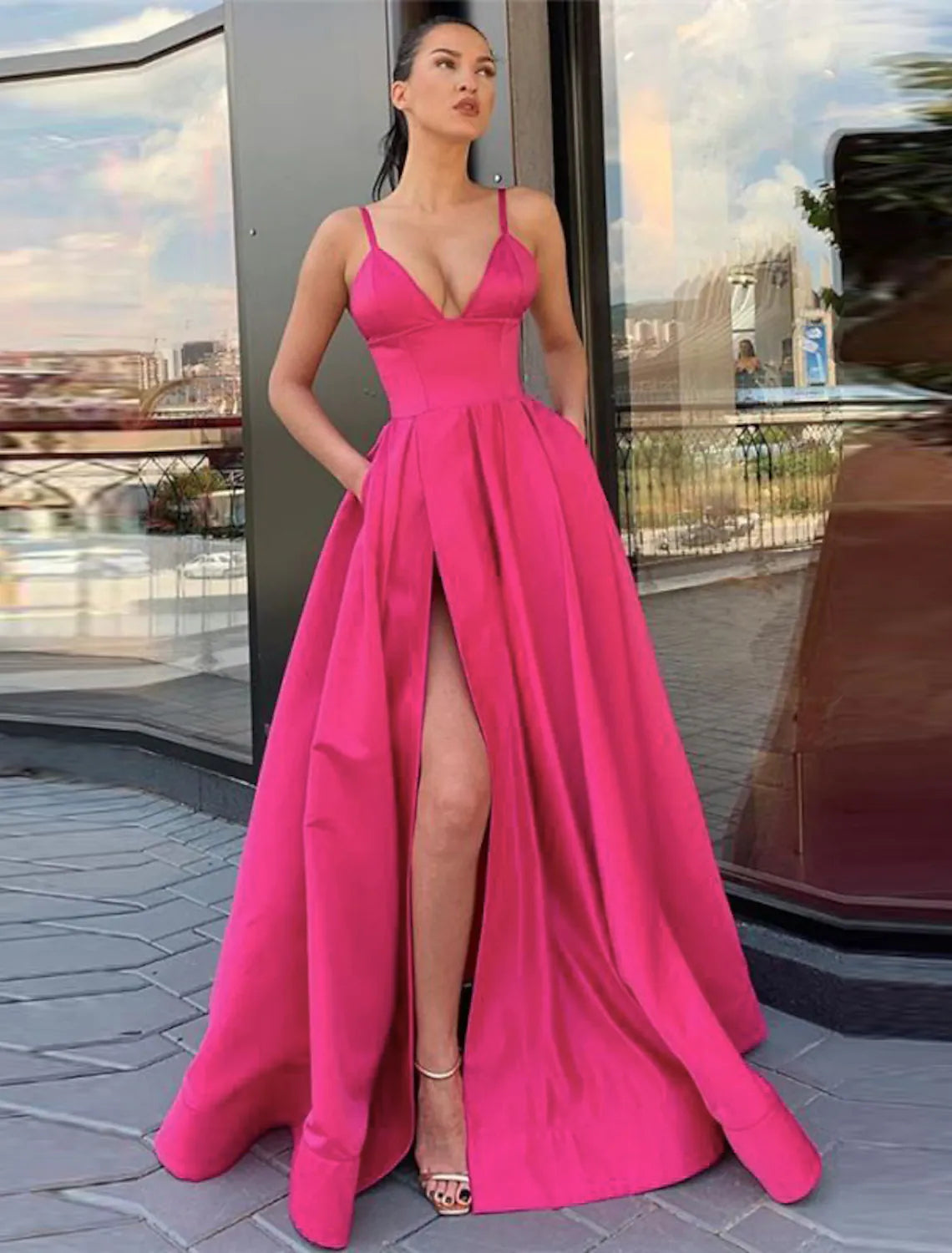 A-Line Prom Dress High Split Evening Dress Formal Birthday Sleeveless with Pleats Split Front Monochrome unclassified dresses