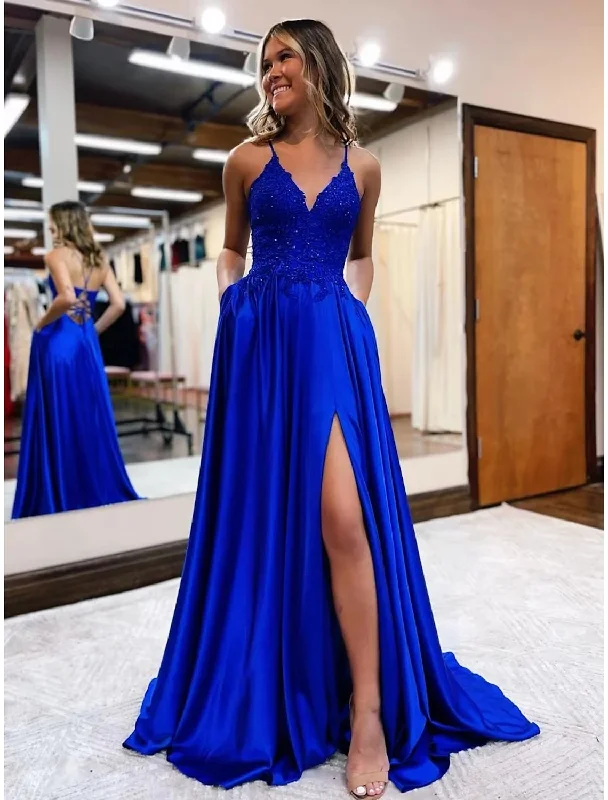 A-Line Prom Dresses Empire Dress Formal Court Train Sleeveless V Neck Satin Backless with Beading Appliques Satin unclassified dresses