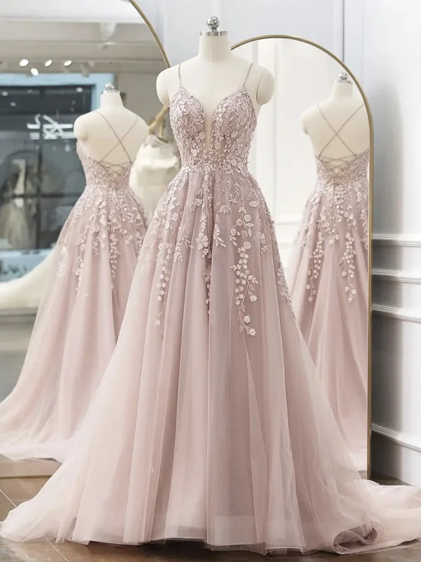 A Line V Neck Backless Pink Lace Floral Long Prom Dresses, Pink Lace Formal Graduation Evening Dresses SP2114 High-end floral dresses