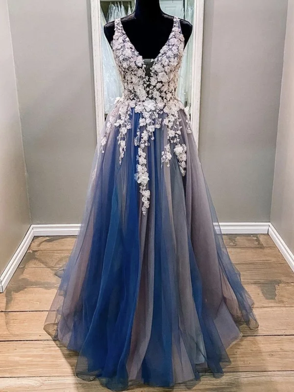 A Line V Neck Blue Lace Floral Long Prom Dresses, Blue Lace Formal Evening Dresses with Appliques Preppy floral dresses