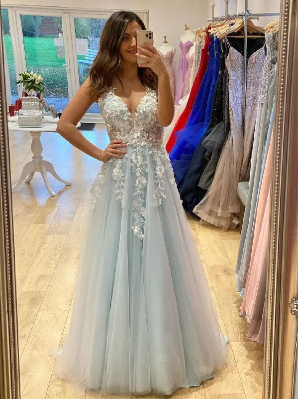 A Line V Neck Light Blue Lace Floral Long Prom Dresses, 3D Flowers Light Blue Lace Formal Evening Dresses Stretchy floral dresses