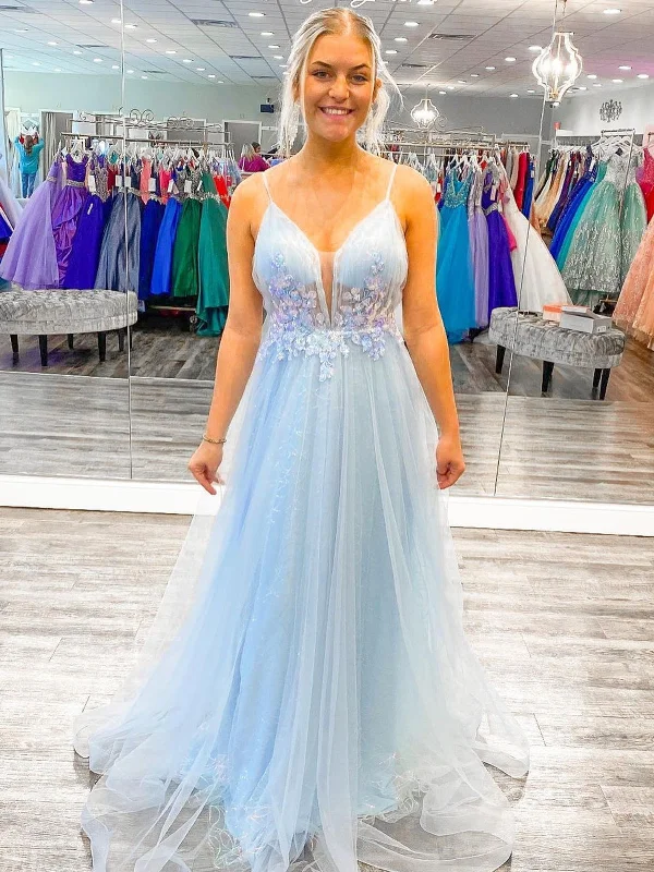 A Line V Neck Open Back Light Blue Long Prom Dresses with Lace Flowers, Light Blue Lace Floral Formal Graduation Evening Dresses SP2240 Maternity floral dresses