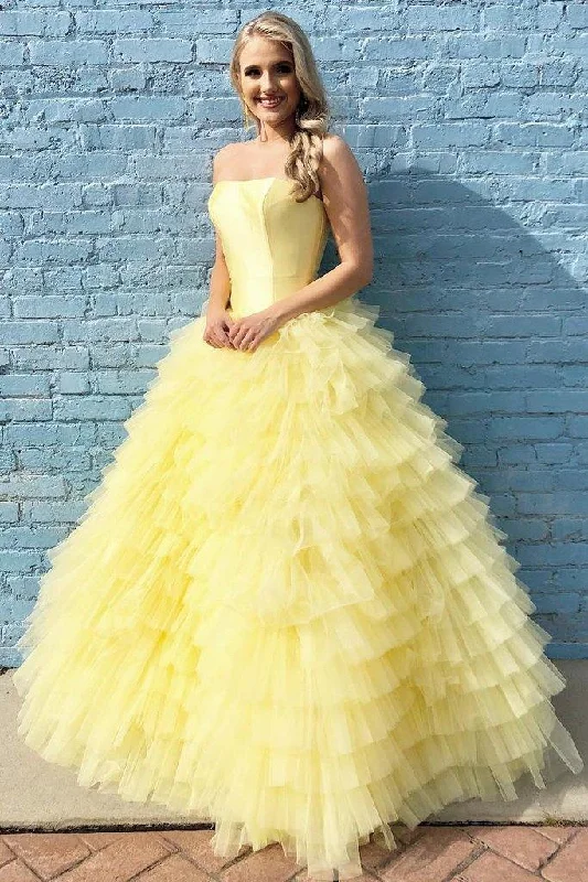 DingJiDress Quinceanera Dresses Elegant Strapless Floor Length Yellow Prom Dresses Ball Gown Tiered unclassified dresses