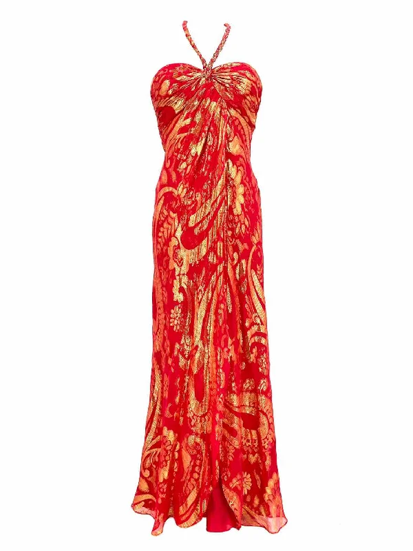 Aidan Mattox Women's Red/Gold Halter Silk Blend Abstract Prom Size 10 Gown Sequin unclassified dresses