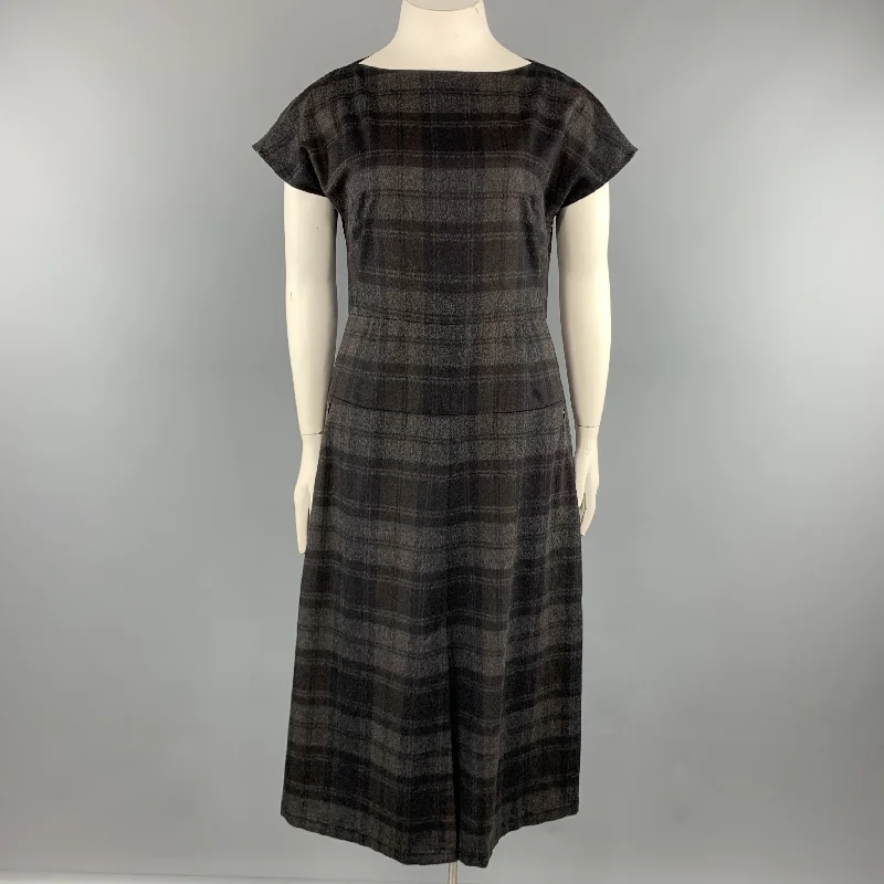 AKRIS Size 10 Grey Plaid Wool / Angora Cap Sleeve Shift Dress Striped unclassified dresses