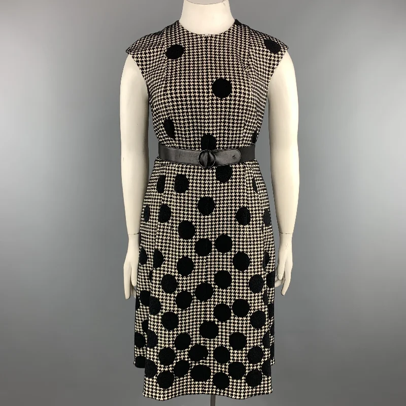 AKRIS Size 12 Black & Beige Polka Dot Houndstooth Belted Shift Dress A-line unclassified dresses