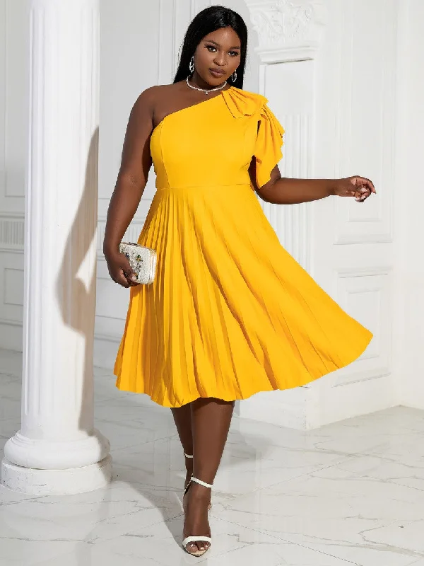 AOMEIDRESS Yellow One Shoulder Ruffle High Waist Pleated A Line Dress Graduation unclassified dresses