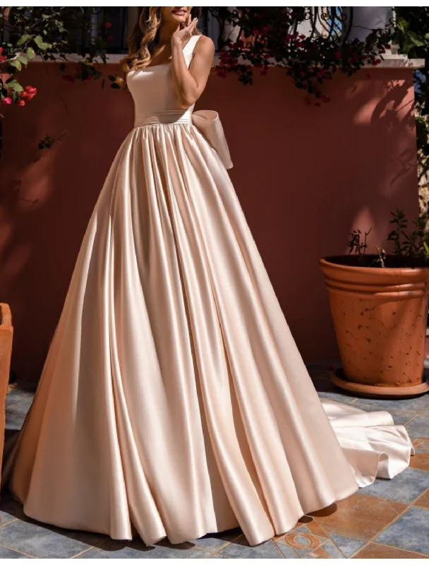 Ball Gown Beautiful Back Elegant Engagement Formal Evening Birthday Dress Scoop Neck Sleeveless Sweep / Brush Train Charmeuse with Bow(s) Cocktail unclassified dresses