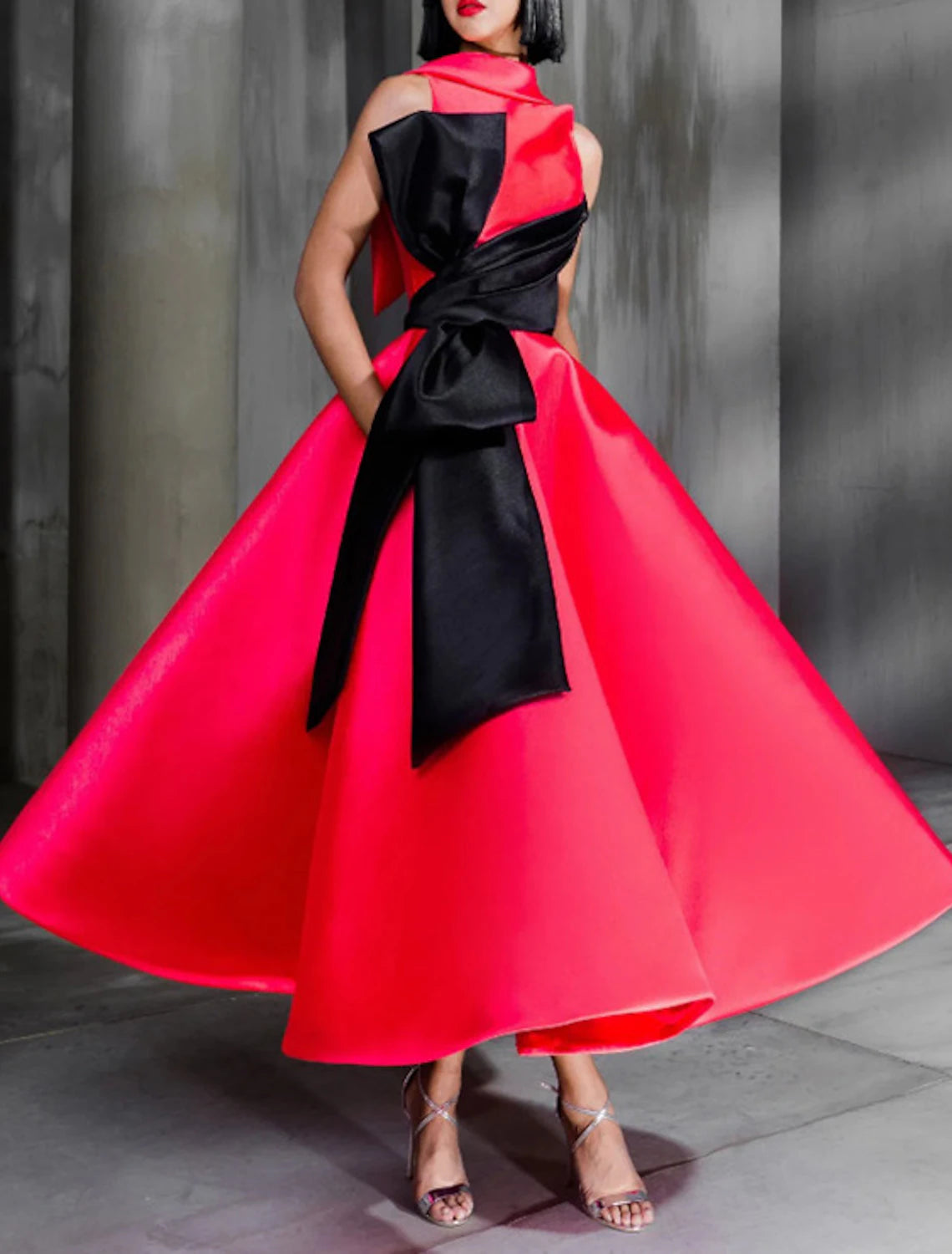 Ball Gown Color Block Celebrity Style Elegant Prom Formal Evening Birthday Dress High Neck Sleeveless Ankle Length Satin with Bow(s) Summer unclassified dresses