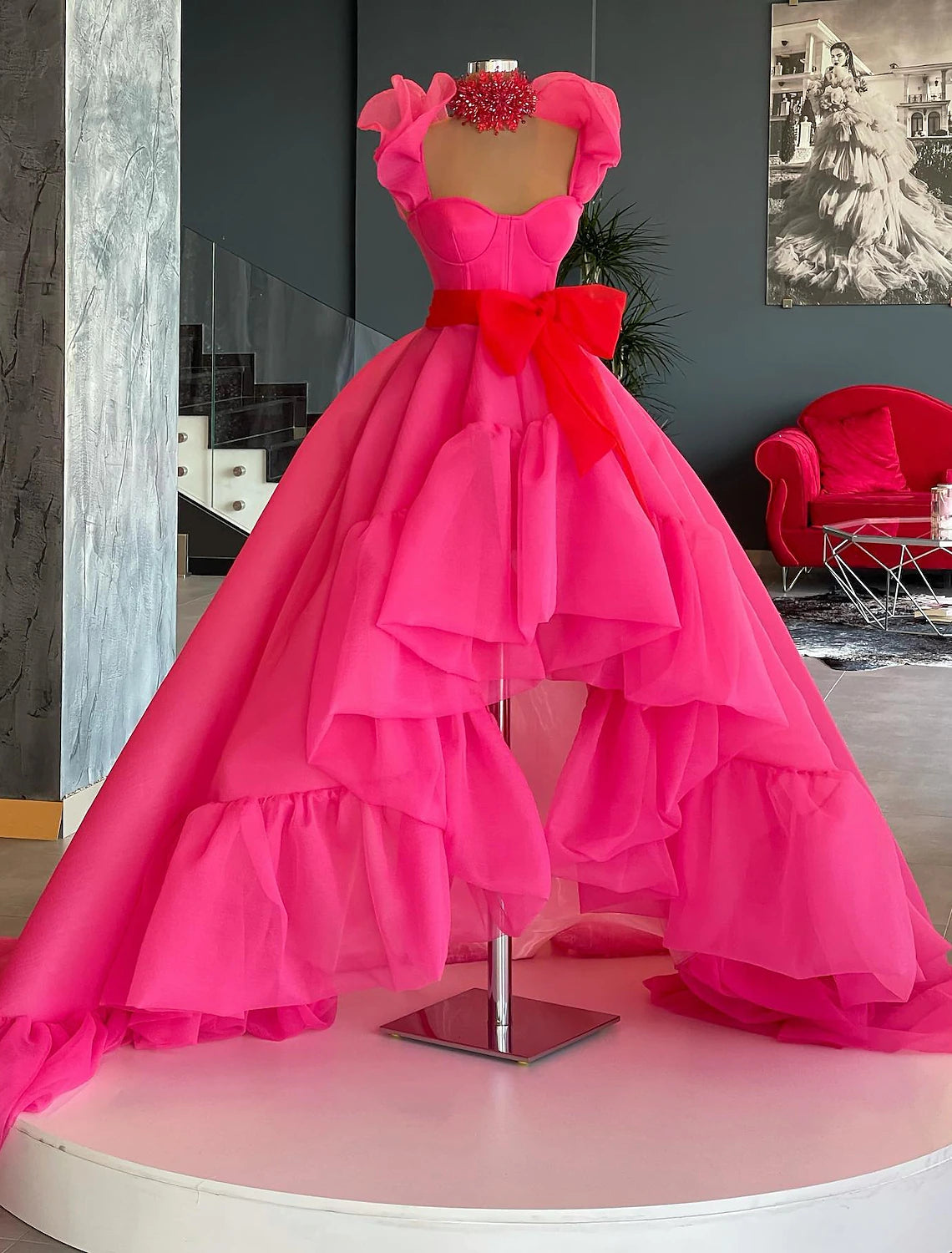 Ball Gown Evening Gown High Low Dress Quinceanera Asymmetrical Sleeveless Square Neck Organza with Bow(s) Ruffles Ruffled unclassified dresses