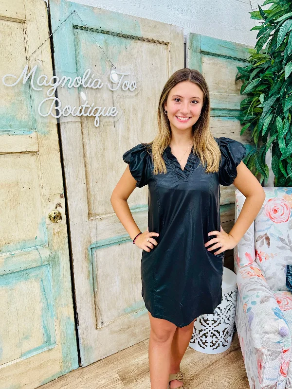 Black Faux Leather Dress w/Pockets Smocked unclassified dresses