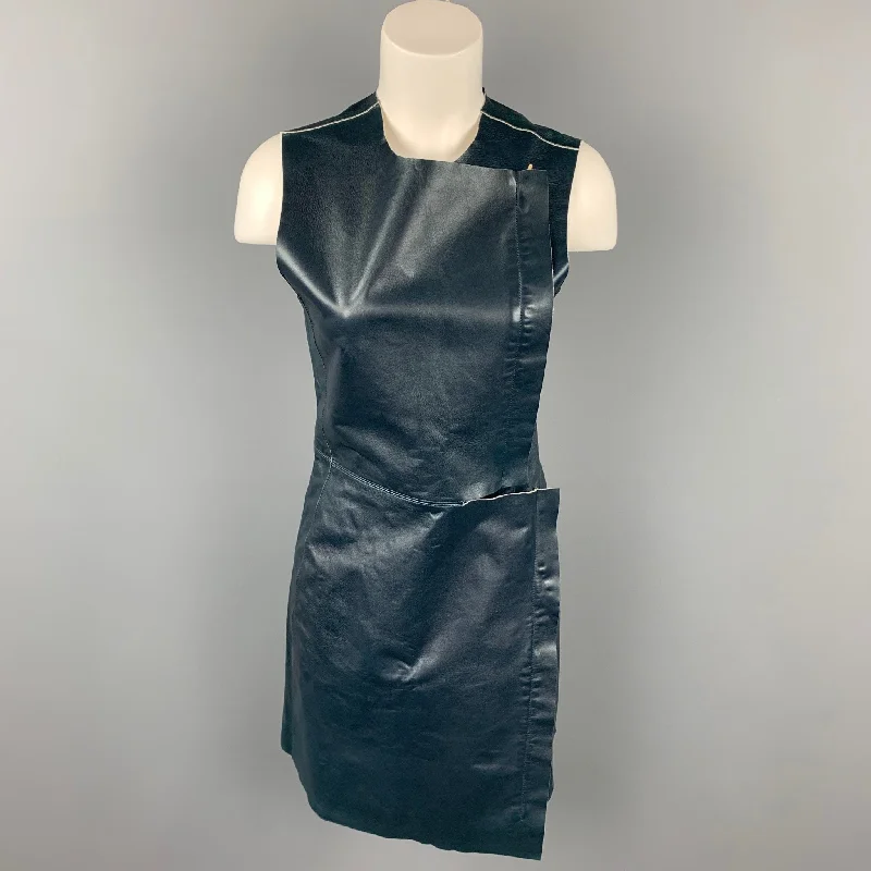 CALVIN KLEIN COLLECTION Size 2 Dark Blue Leather Lamb Skin Sheath Dress Velvet unclassified dresses