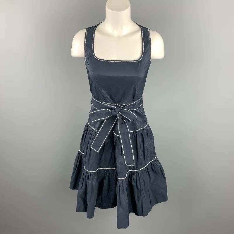 CAROLINA HERRERA Size 0 Navy Tafeta Polyester Tiered Belted Dress Sexy unclassified dresses