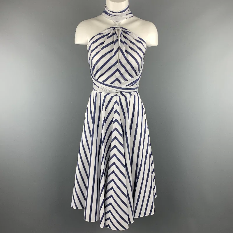 CAROLINA HERRERA Size 0 White & Bllue Striped Cotton Gathered Halter Sun Dress Best-selling unclassified dresses