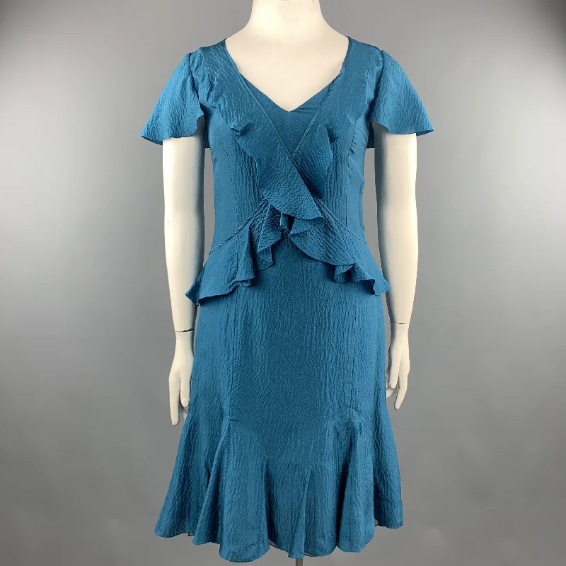 CAROLINA HERRERA Size 12 Teal Textured Ruffle V Neck Dress Embroidered unclassified dresses