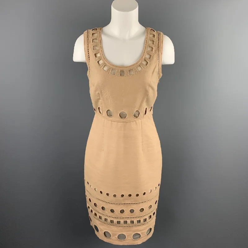 CATHERINE MALANDRINO Size 4 Beige Cut Out Cotton Sheath Dress Vintage unclassified dresses