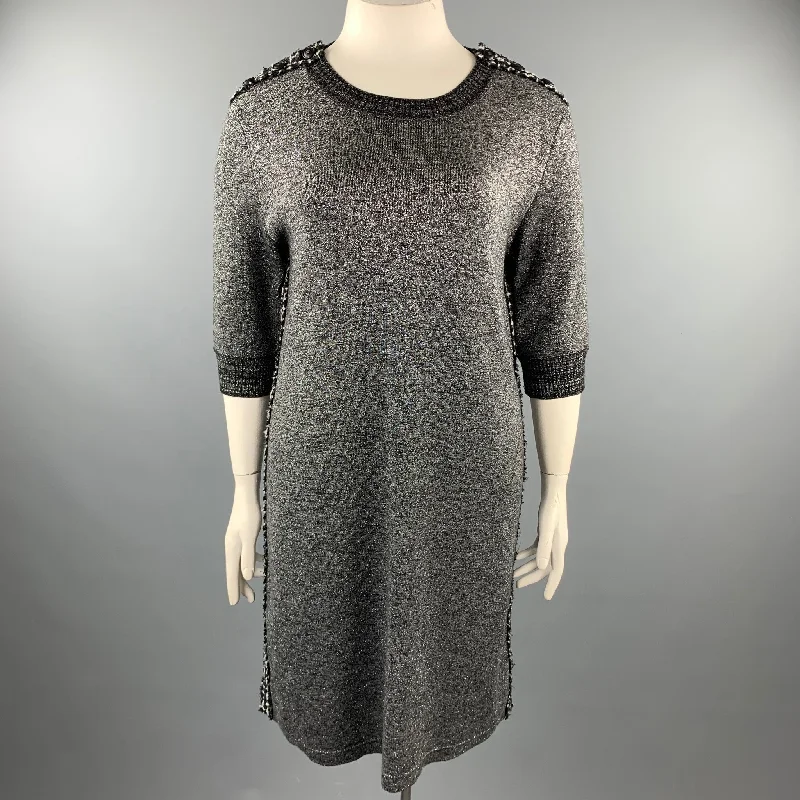 CHANEL Size 14 Silver Knitted Textured Wool Blend Shift Dress Polka dot unclassified dresses