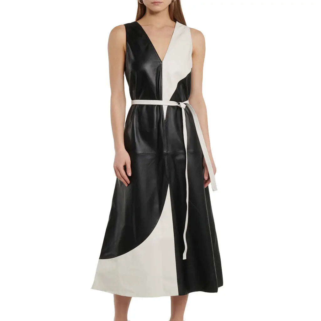 ColorBlock Women Leather Gown Black And White Sequin unclassified dresses