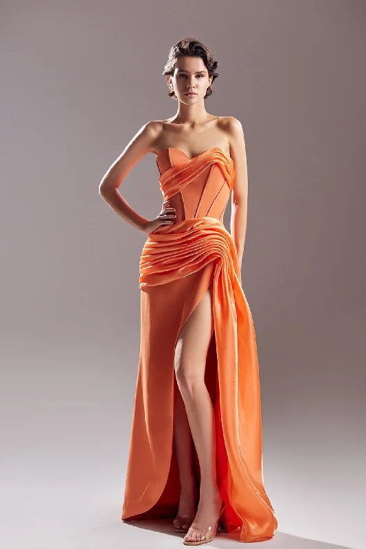 Corseted bodice draped waistline high slit dress Minimalist unclassified dresses