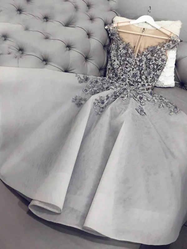 Cute A Line Round Neck Gray Floral Lace Short Prom Dresses, Gray Floral Lace Formal Graduation Homecoming Dresses Best floral dresses for curvy figures