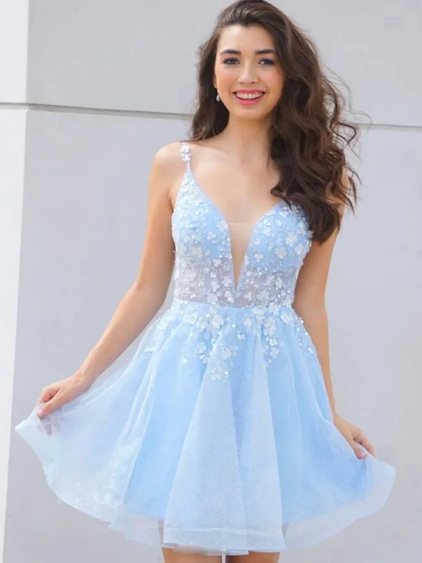 Cute V Neck Light Blue Lace Floral Short Prom Homecoming Dresses, Light Blue Lace Formal Graduation Evening Dresses SP2112 Anniversary floral dresses