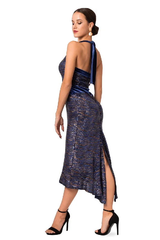 Dark Blue Paillette Halter-Neck Tie Fishtail Dress With Velvet Details Halter unclassified dresses