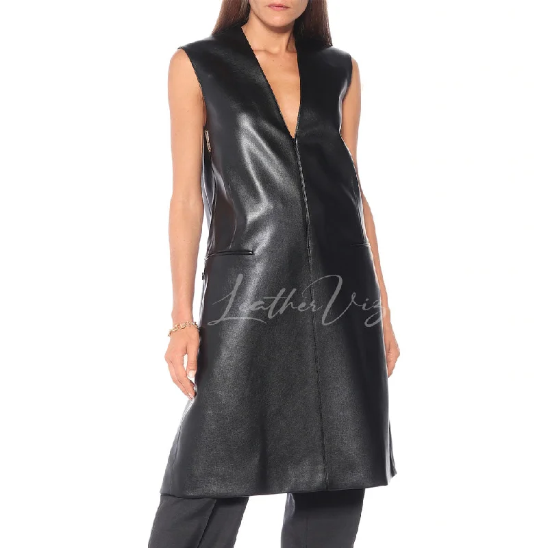 DEEP NECKLINE WOMEN LEATHER DRESS Flowy unclassified dresses