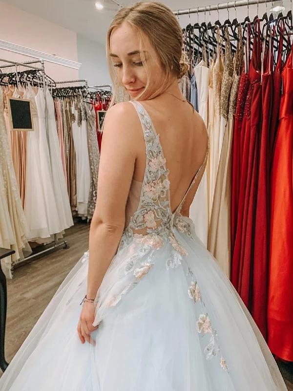 Deep V Neck 3D Flower Blue Tulle Long Prom Dresses, Open Back V Neck Blue Floral Long Formal Evening Dresses Best floral dresses for casual outings