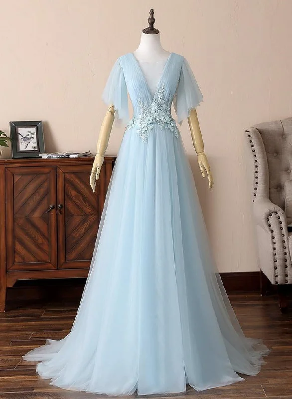 Deep V Neck Open Back Short Sleeves Floral Lace Light Blue Long Prom Dresses, Short Sleeves Light Blue Formal Evening Dresses Maternity floral dresses