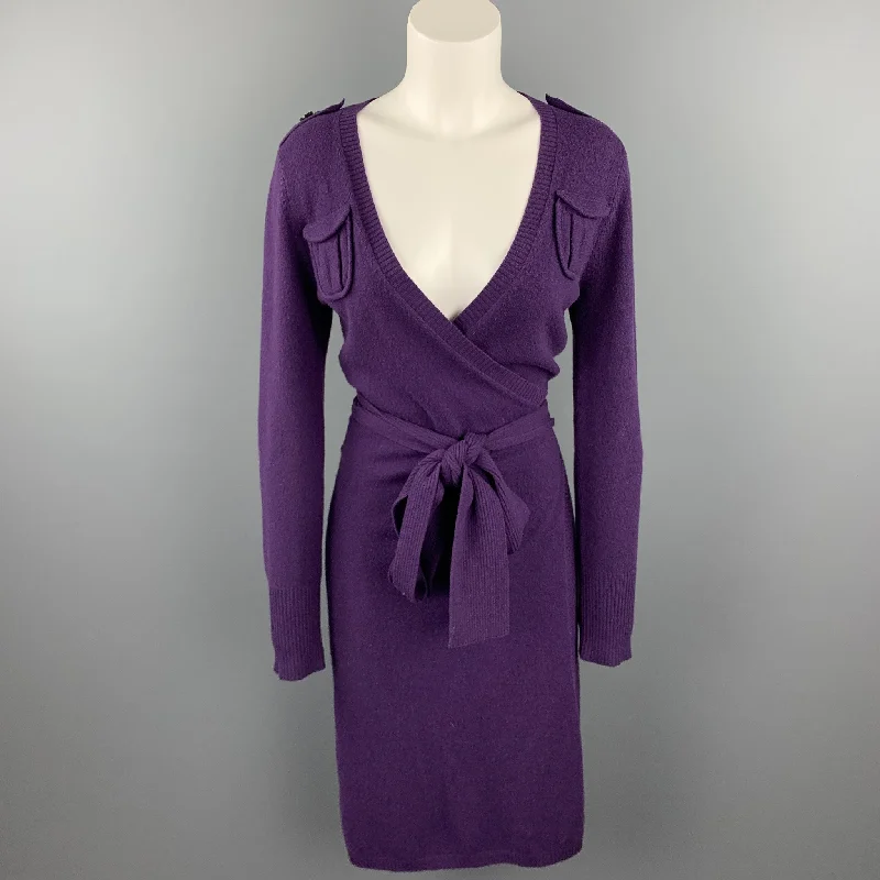 DIANE VON FURSTENBERG Size S Purple Knitted Wool Blend Wrap Dress Velvet unclassified dresses