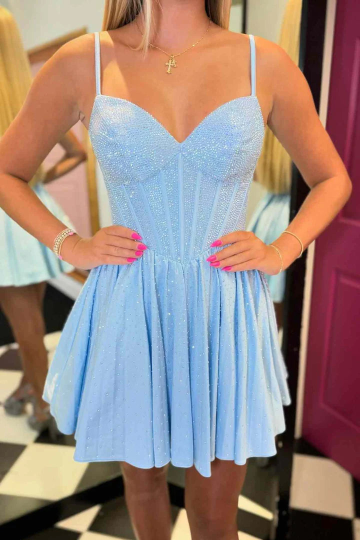 DingJiDress A-Line Homecoming Dress Spaghetti Straps Light Blue Beaded Graduation Dresses Stylish unclassified dresses