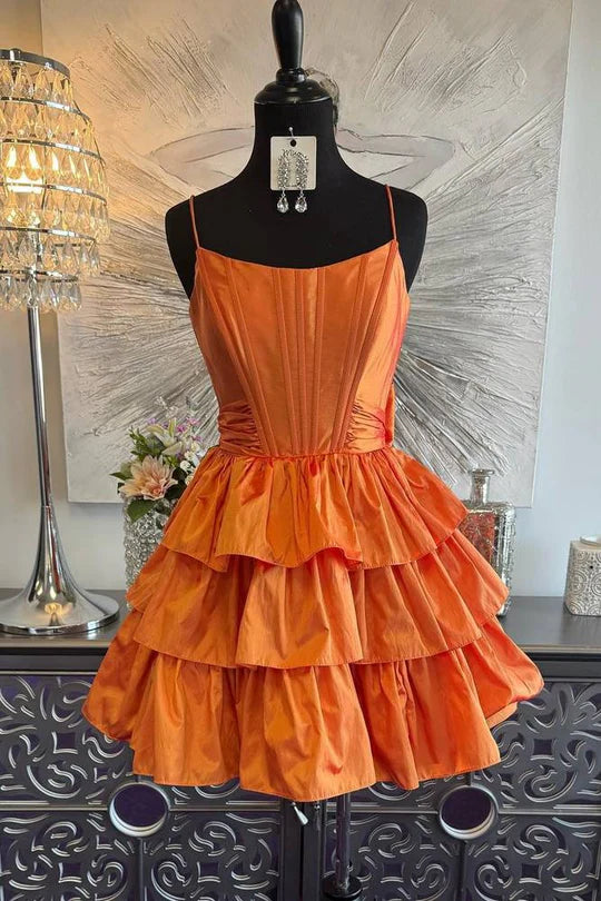 DingJiDress A-Line Ruffle Homecoming Dress Chic Spaghetti Straps Orange Graduation Dresses Sexy unclassified dresses