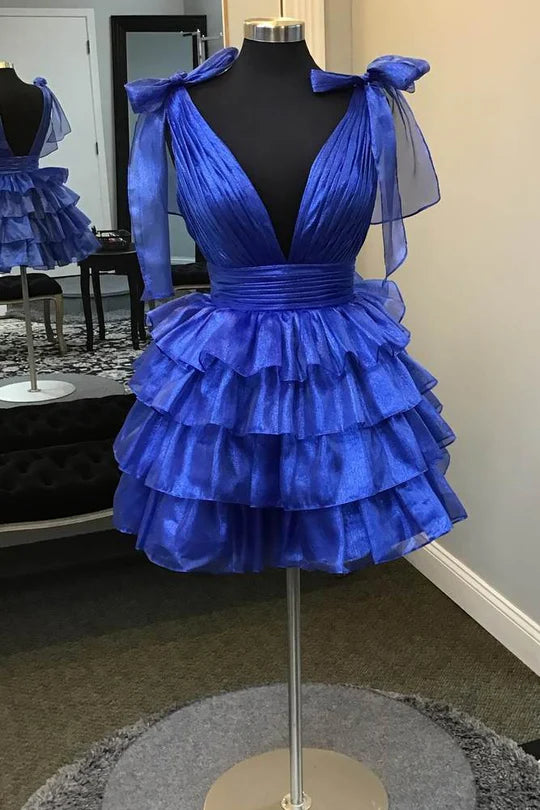 DingJiDress Fashionable and Beautiful Homecoming Dress Royal Blue V-Neck Ruffle with Bow Halter unclassified dresses