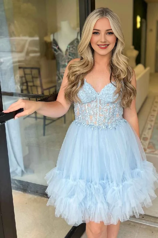 DingJiDress Homecoming Dresses Light Blue Strapless Applique Ruffle Graduation Dresses Festival unclassified dresses