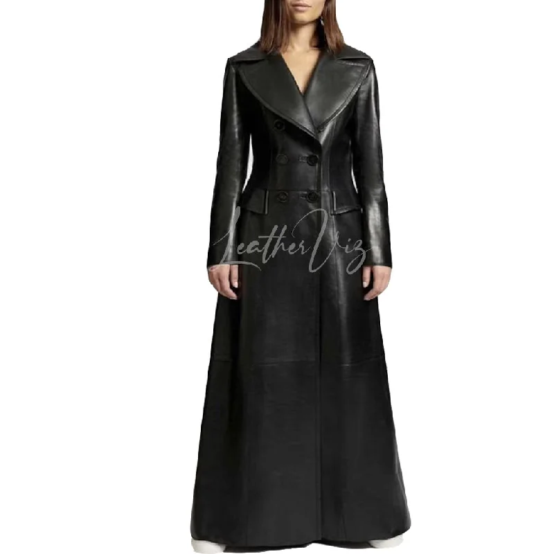 DOUBLE BREASTED WIDE COLLAR WOMEN LEATHER TRENCH COATS Dark color unclassified dresses