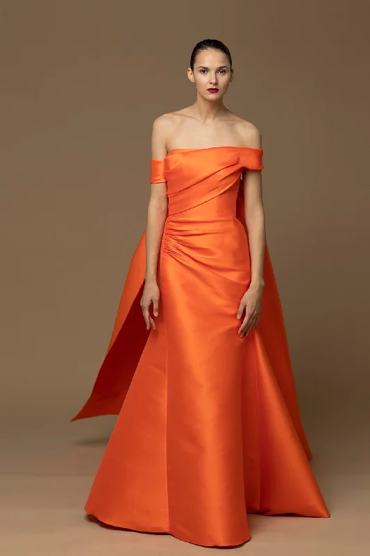 Draped bodice back train off shoulder gown Tiered unclassified dresses