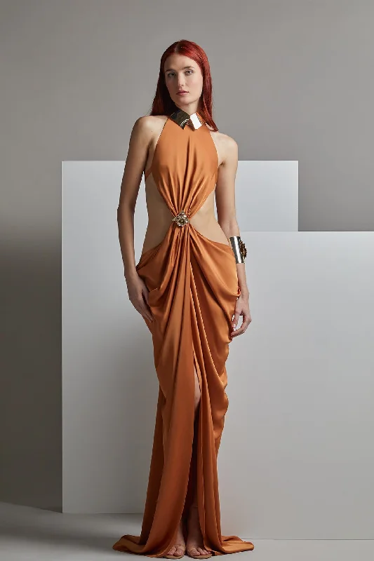 Draped gown with side cut-outs Earthy tone unclassified dresses