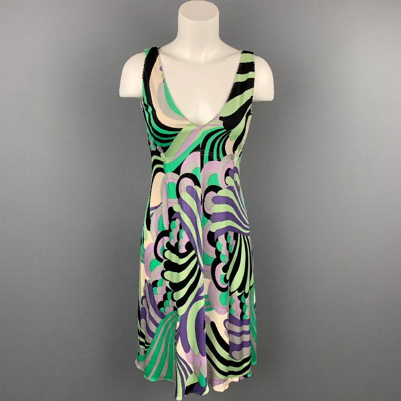 ELIE TAHARI Size S Green & Purple Abstract Jersey Silk V-Neck Dress Denim unclassified dresses