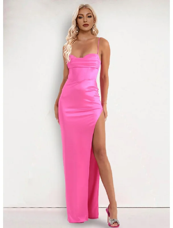 Evening Gown Dress Formal Floor Length Sleeveless Strap Stretch Satin with Slit Soft fabric unclassified dresses