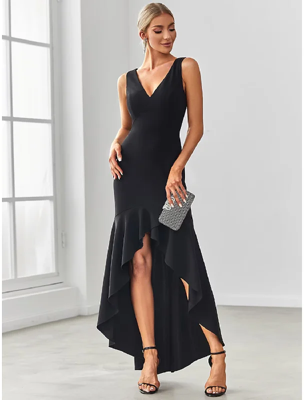 Evening Gown Sexy Dress Formal Asymmetrical Sleeveless V Neck Nylon V Back with Ruffles Drapin Denim unclassified dresses