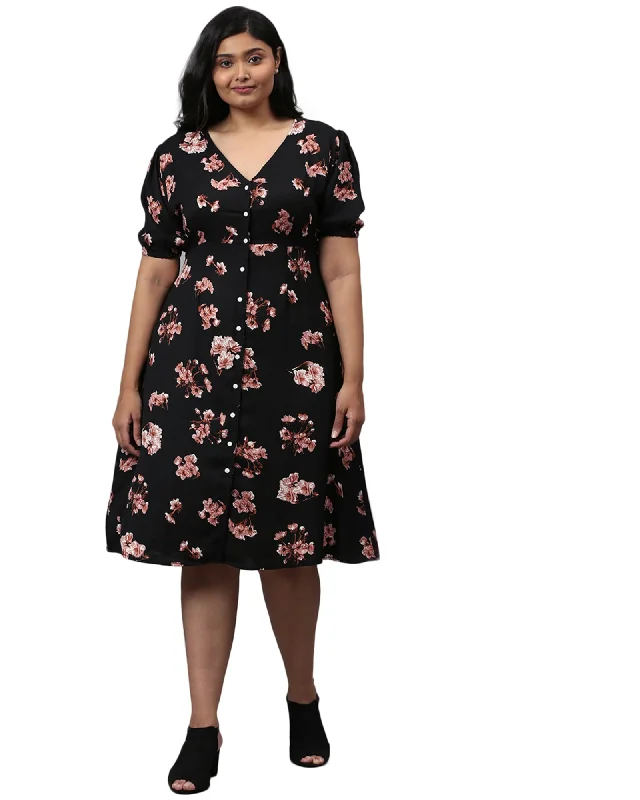 Floral Design Stylish Casual Dress- Black | Black Minimalist floral dresses