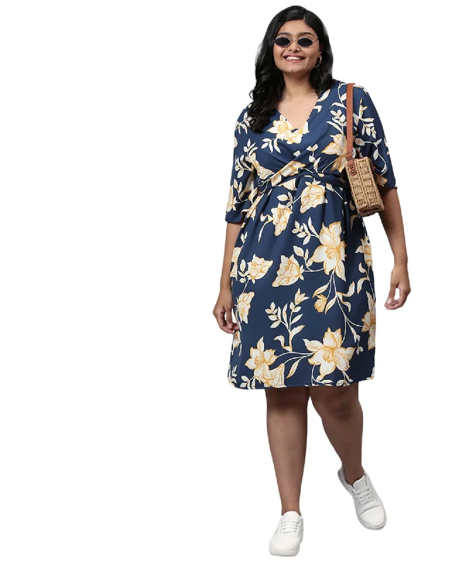 Floral Design Stylish Casual Dress- Royal Blue | Royal Blue A-line floral dresses