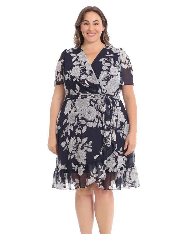 Floral ruffle faux wrap dress | Navy/White Wedding floral dresses