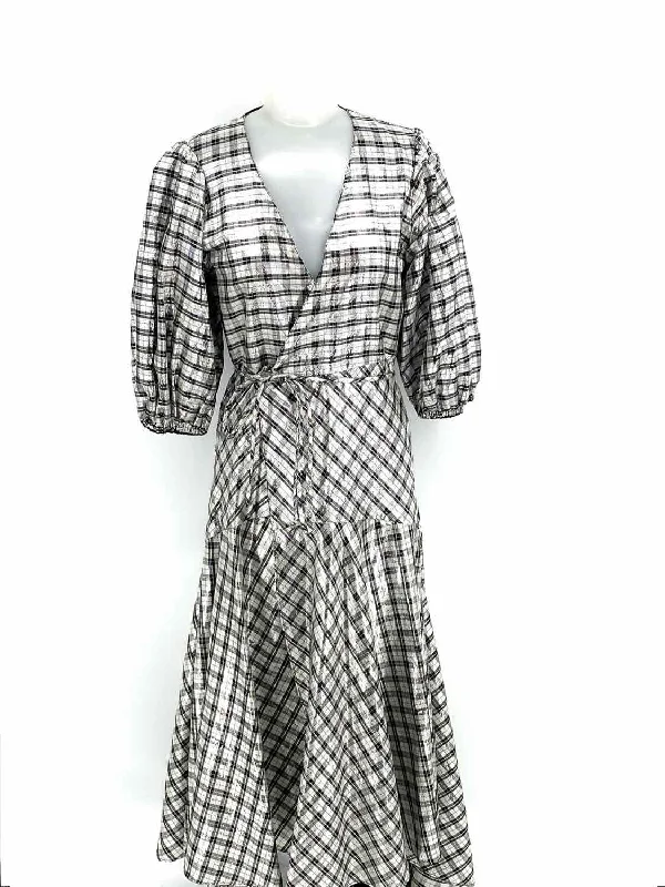 Ganni Women's Silver/Black Wrap Silk Blend Plaid Size 38/M Dress Unique unclassified dresses