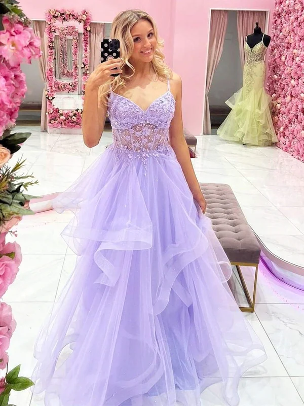 Gorgeous V Neck Beaded Purple Lace Floral Long Prom Dresses, Purple Lace Formal Dresses, Lilac Tulle Evening Dresses SP2405 Zara floral dresses