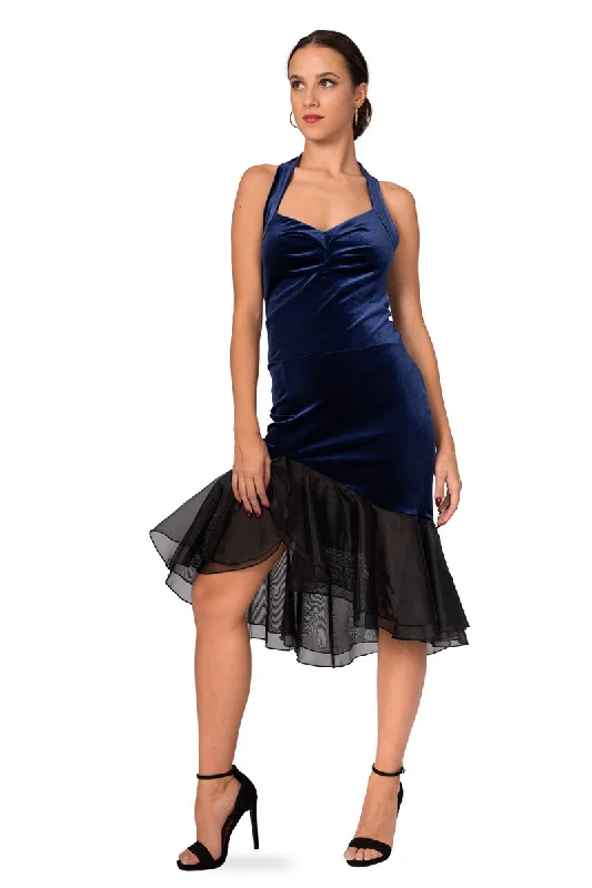 Halter-Neck Tie Velvet Dress With Black Organza Ruffles Backless unclassified dresses