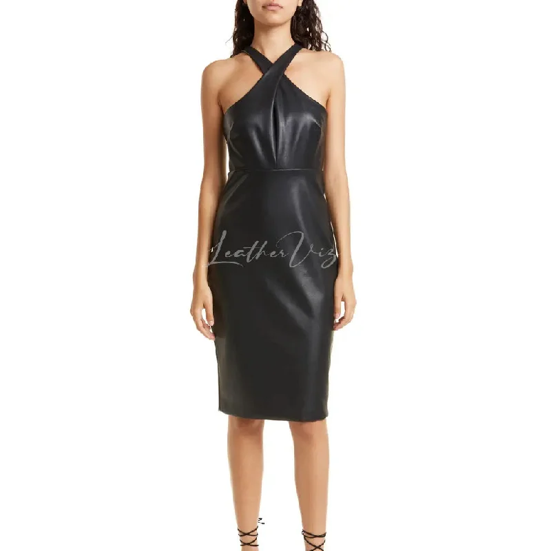 HALTER NECK WOMEN LEATHER SHEATH DRESS Winter unclassified dresses