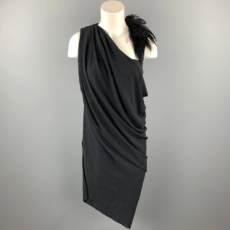 HELMUT LANG Size 6 Black Feather Polyester Draped Shoulder Dress Short unclassified dresses